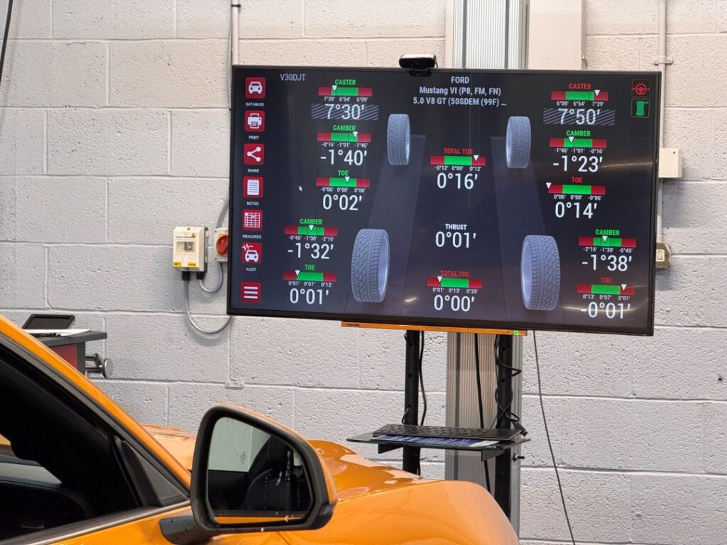 Wheel alignment report displayed on the M&B Engineering SNIPER PROVIEW system installed at RMT Automotive Services