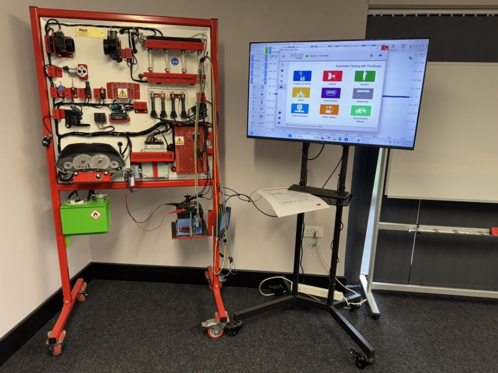 PicoScope automotive diagnostics connected to an engine management training rig at RMT Automotive Services