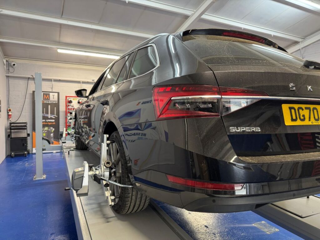 Rear side view of an industry-leading four-wheel alignment system used for practical training at RMT's IMI Approved Training Centre in Oswestry.